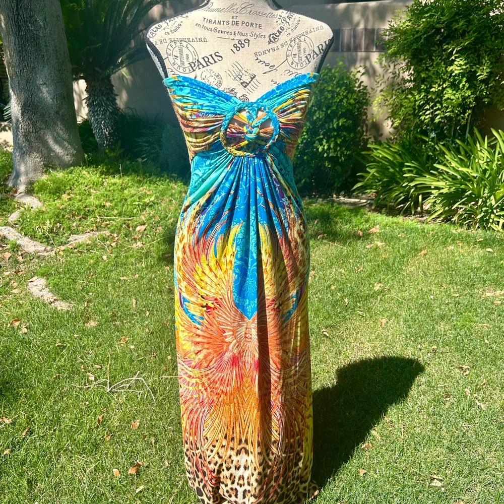 SKY Brand Strapless O-Ring Maxi Dress  Boho Phoenix Print XS Festival🌿